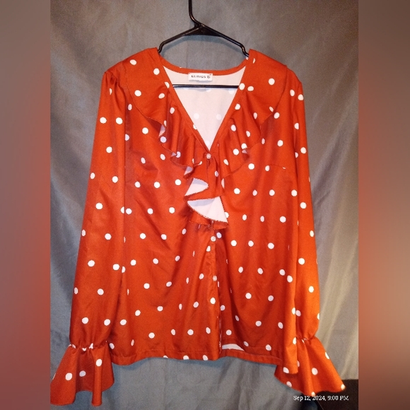 Elings burn orange satin polka dot tie front blouse - Picture 1 of 3